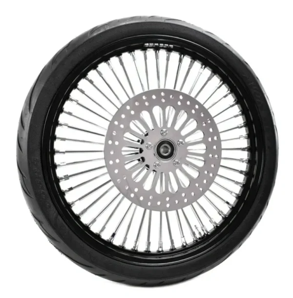 23 x 3.5 48 Fat King Chrome Spoke Front Wheel Black Rim Tire Package Single Disc